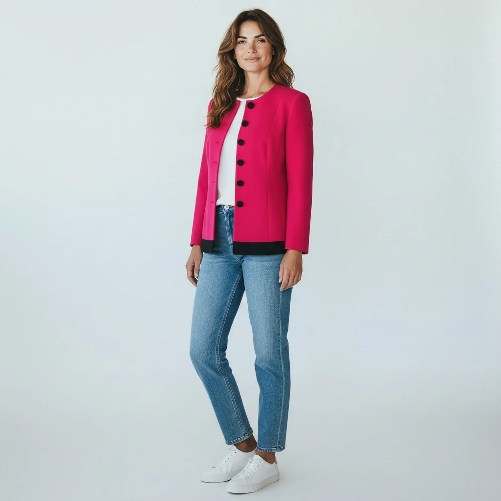 CHRISTIAN DIOR Vintage Button Down Blazer Fuschia & Black Trim Size 10P